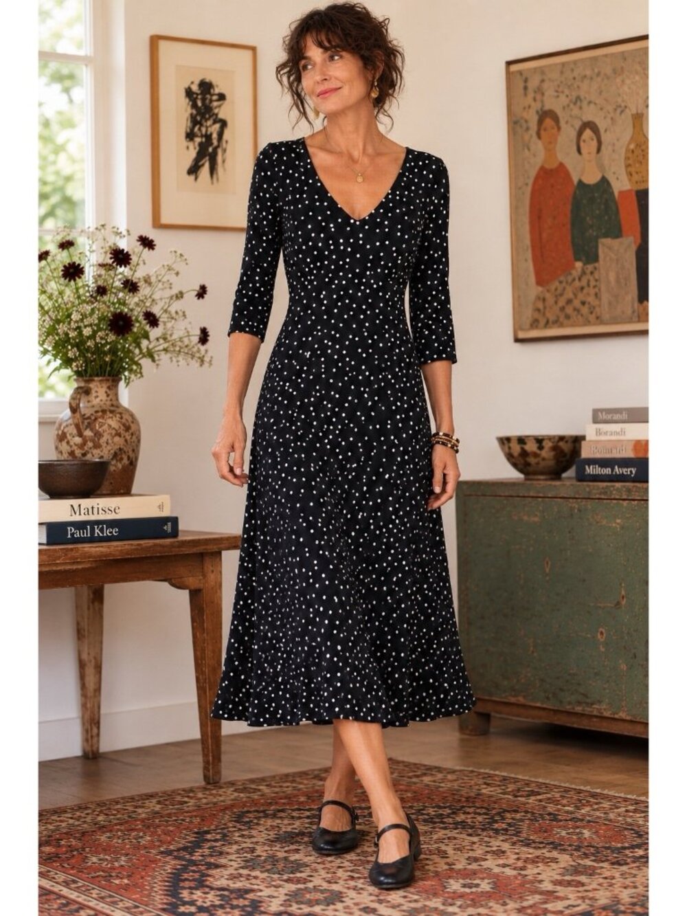 Salaam Womens Dress Sz Large Black Polka Dot V-Neck Midi Boho Made in the USA